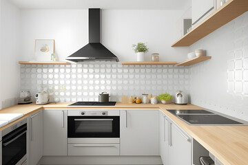 Fototapeta premium Kitchen with gray and white honeycomb wall tiles and wooden worktops. Modern kitchen interior. Template