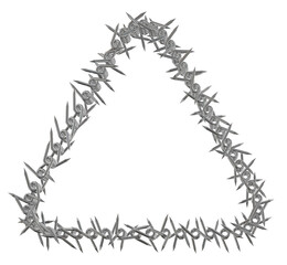 A 3d illustration of  triangular shape with rounded corners made from sharp zinc spikes.