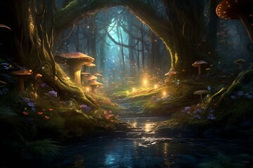 Enchanting woodland scenery, filled with radiant illuminations. Generative AI