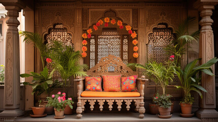 Carved Wooden Jharokha (Balcony) Decorated with Vibrant Textiles and Potted Plants