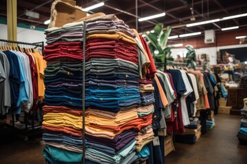 stacks of discounted apparel on a retail rack - obrazy, fototapety, plakaty