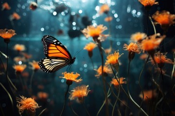 butterflies fluttering towards a blooming flower