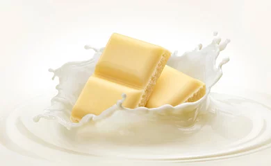 Foto op Plexiglas White chocolate bars falling into milk splash © xamtiw