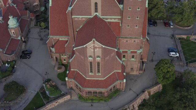Engelbrektskyrkan in &Ouml;stermalm, Stockholm, Sweden during evening. Aerial shot orbiting church during sunset.