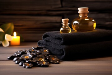 a massage table with warm stones and oils