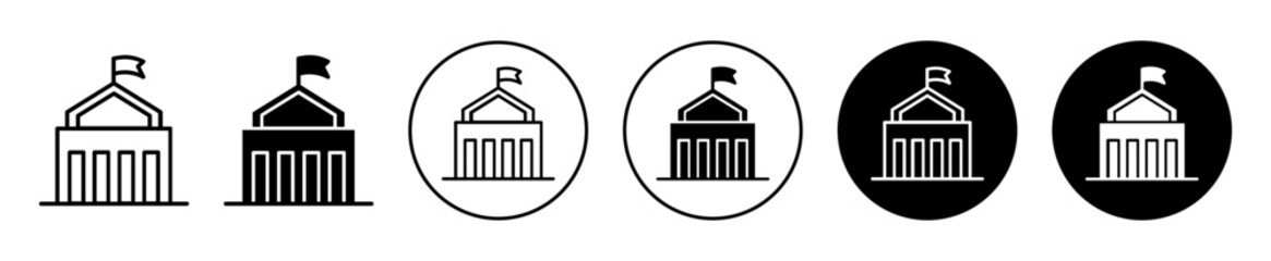 City hall building icon. Government building or embassy house symbol set. City or town parliament hall building vector sign. High court or education institute council line logo. college university set