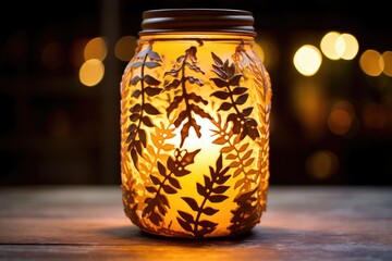 mason jar lantern decorated with leaf cutouts - obrazy, fototapety, plakaty