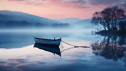 A lone boat on a calm lake, surrounded by mist and tranquility
