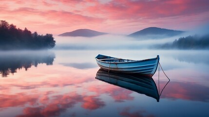 A lone boat on a calm lake, surrounded by mist and tranquility
