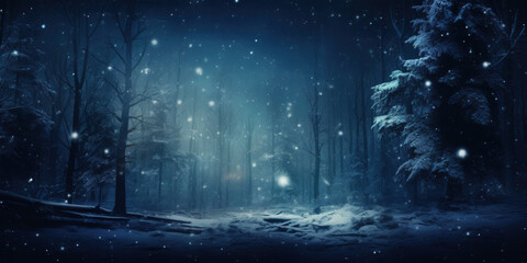 Snow falling at night in a snowy dark forest with magical lights and stars