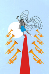 Composite collage picture image of attractive young female energetic active singer performer have...