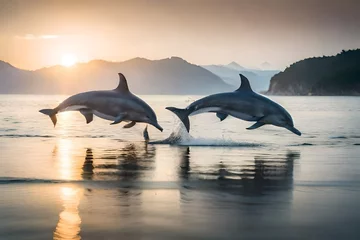 Schilderijen op glas dolphins jumping into the water © Khani