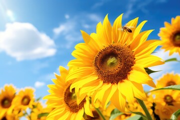 Obraz premium multiple bees collecting nectar on sunflowers