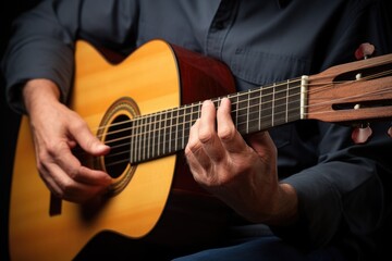 Fototapeta na wymiar close-up of fingers strumming an acoustic guitar