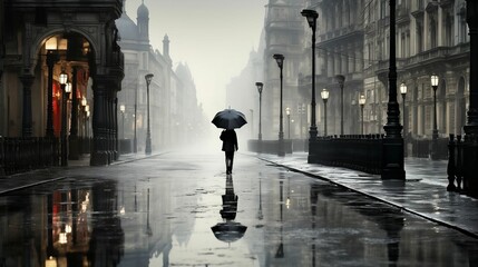Monochrome cityscape, lone figure with umbrella on wet pavement