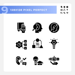 2D pixel perfect glyph style icons set representing soft skills, black silhouette illustration.