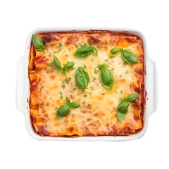 Lasagna in baking dish isolated on white. transparent background