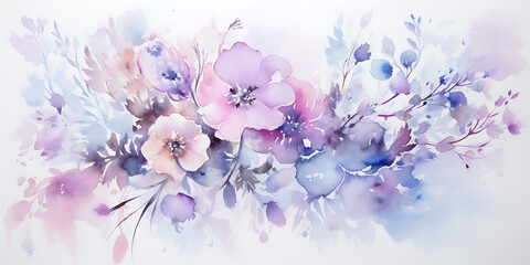 Fototapeta na wymiar A gentle pastel flower and leaves watercolor wash featuring soft hues of pink, blue, and lavender with offers a soothing and artistic touch, perfect for creative projects
