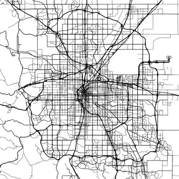 1:1 square aspect ratio vector road map of the city of  Denver Colorado in the United States of America with black roads on a white background.