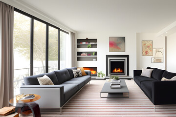Modern living room with fireplace, sofa, balcony and pattern carpet