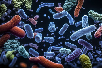 Ultra-detailed macro images of probiotic bacteria within human gut flora  - obrazy, fototapety, plakaty