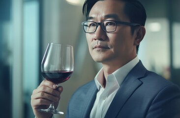 Asian businessman with old wine glass. Travel face. Generate Ai