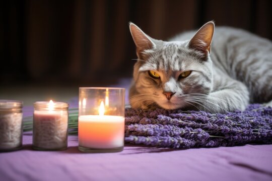 cat lying next to a lit lavender candle