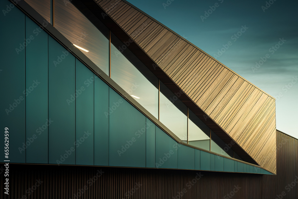 Wall mural Dark green and wooden striped wall abstract style building exterior