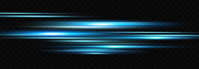Light effect of neon lines movement.Horizontal lines. Speed ​​effect on a transparent background.lines of light, speed and movement. - obrazy, fototapety, plakaty