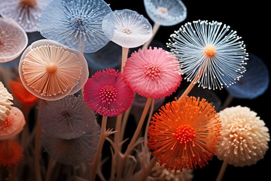 Intricate extreme close-up images of fungal spores under microscope 