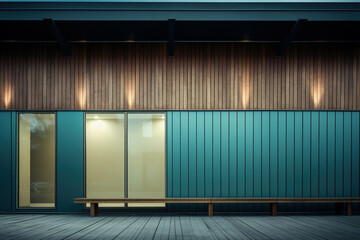 Dark blue and wooden striped wall modern style building exterior