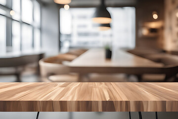 Wood table product presentation with interior background
