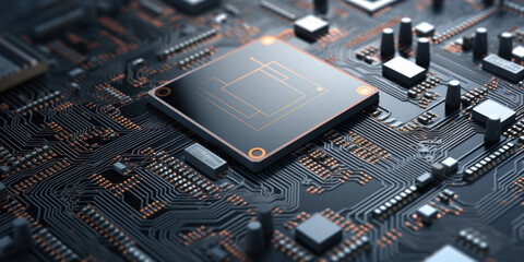 Close up of semiconductor or microchip on a black motherboard, Detail of chip showing the cpu of a computer