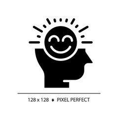 2D pixel perfect glyph style positive thinking icon, isolated vector, silhouette illustration representing soft skills.