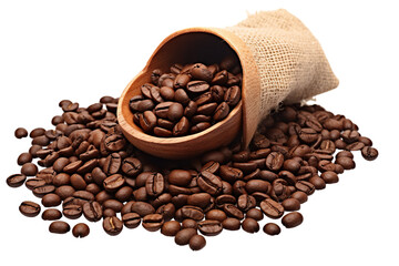 Fototapeta premium A scoop of coffee beans and a bag with coffee beans isolated on a white background PNG