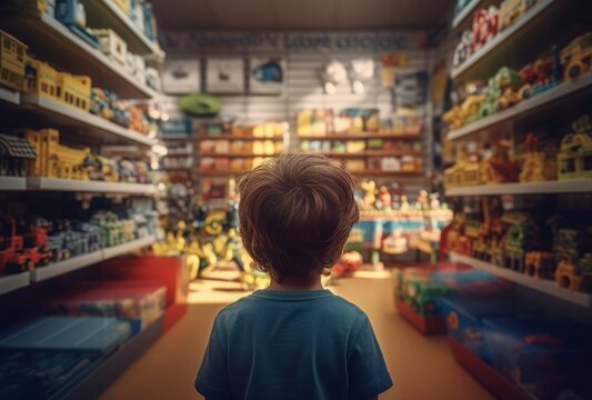 Child toy store back. Adult choosing. Generate Ai