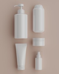The plain white packaging of a series of skincare products with beige background in flat lay position viewed from top for mockup, consisting of a pump bottle, spray, tube, and pot or jar. 3D rendering