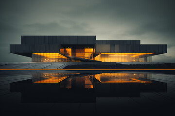 Dark wall and orange windows style modern minimalist style cube shape building exterior - Powered by Adobe