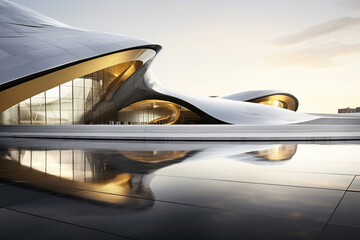 Streamlined steel and gold elements science fiction building exterior design
