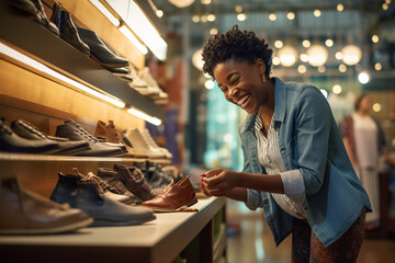 Smiling African American woman choosing shoes in a store - obrazy, fototapety, plakaty