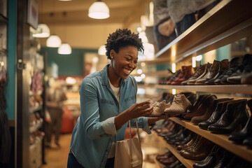 African American woman choosing shoes in store - obrazy, fototapety, plakaty
