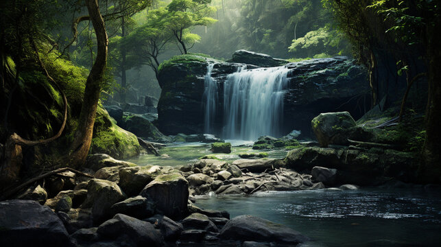 An image of a hidden waterfall tucked away in a textured background, AI generated