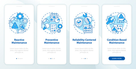 Fototapeta na wymiar 2D icons representing predictive maintenance mobile app screen set. Walkthrough 4 steps blue graphic instructions with line icons concept, UI, UX, GUI template.