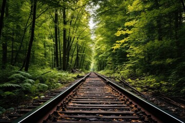 train tracks leading into a forest