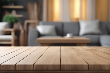 Wood table product presentation with interior background