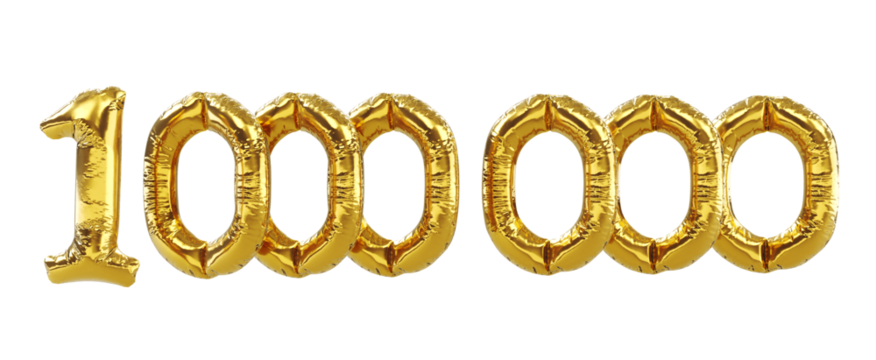 3D render of 1M or 1000000 followers thank you Gold balloons, one million gold number balloons