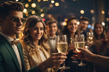 couple celebrating with champagne at night, raise a glass