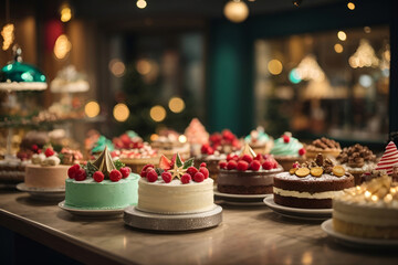 a cake shop display a variety of delicious Christmas cakes - obrazy, fototapety, plakaty