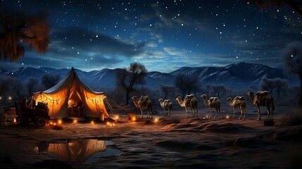 Desert oasis with camels and travelers under stars