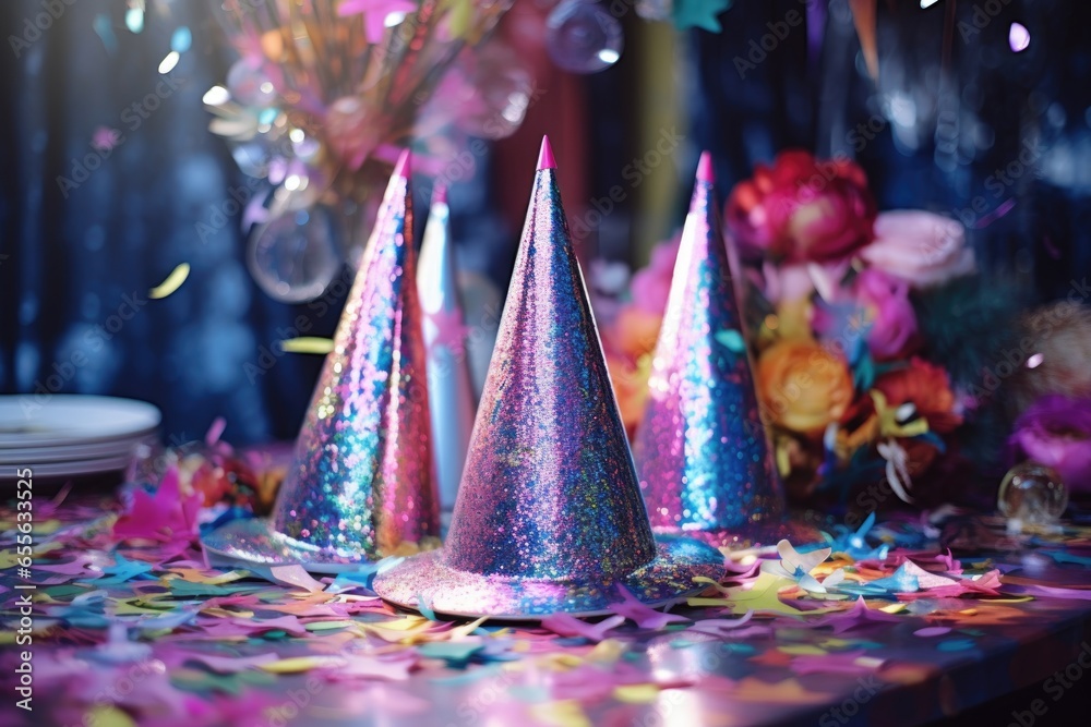 Wall mural shiny party hats arranged on a table with vibrant confetti